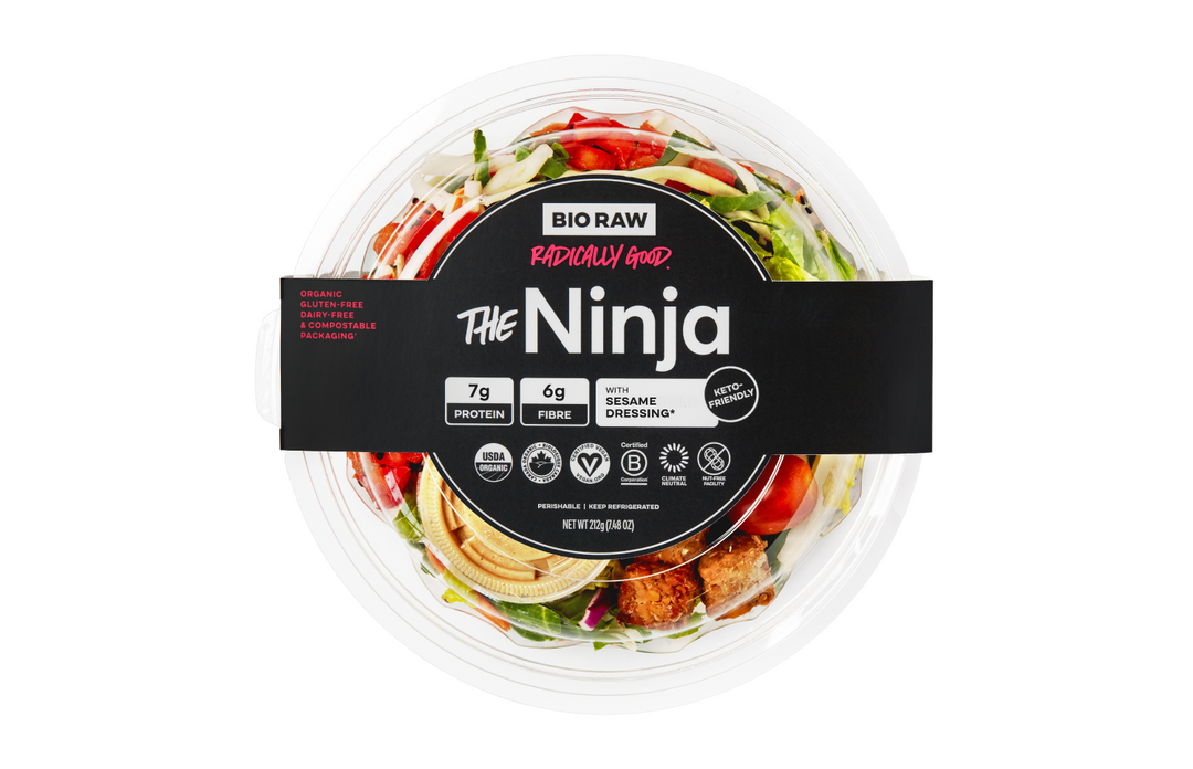 Packaged organic salad named 'The Ninja' with nutritional information on the label.